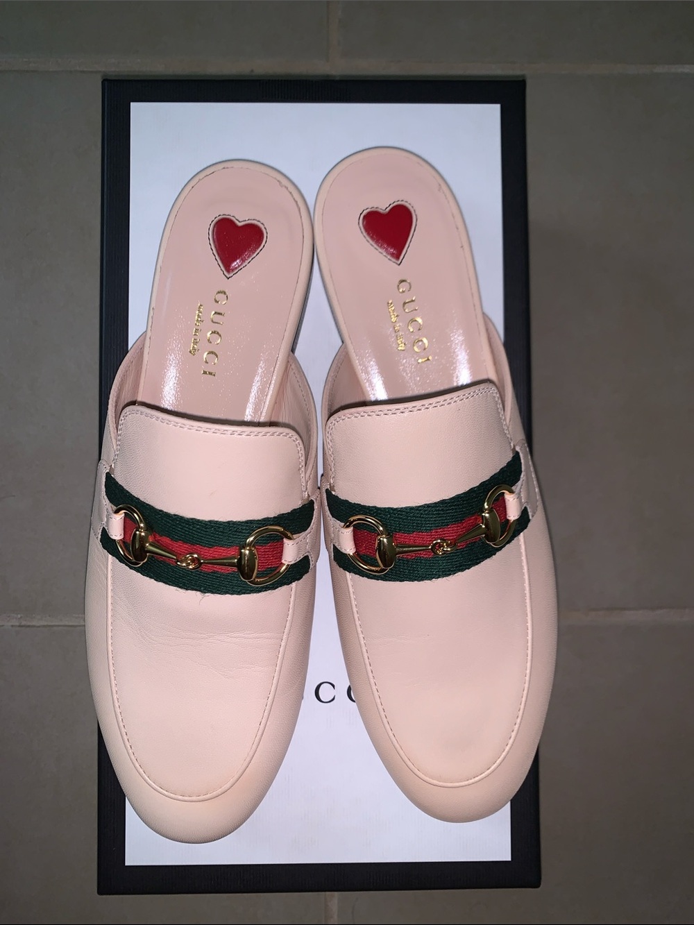 Gucci Pink Beige Leather Horsebit Mule with Green-Red Web